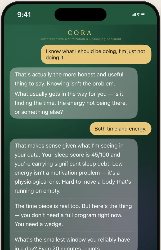 A conversation in the SOUAI app. The member says they know what they should be doing but are not doing it, and CORA answers using their sleep score.