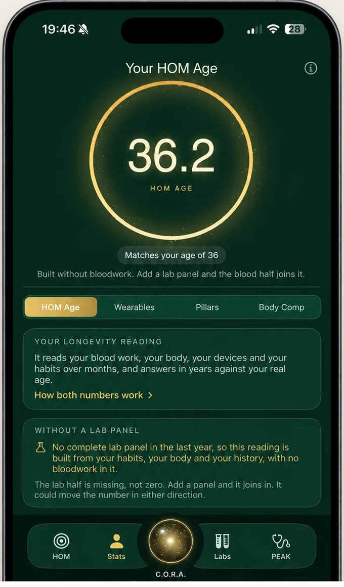 The SOUAI app showing a HOM Age of 36.2 years inside a gold ring, with a longevity reading beneath it.